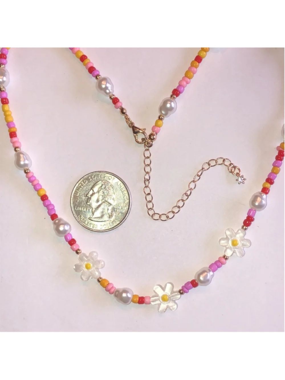 Pink Colorful Seed Bead Beaded Mother of Pearl Flower Necklace